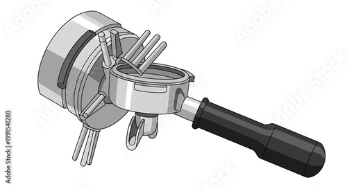 Espresso Portafilter with WDT Tool for Coffee Preparation and Distribution.