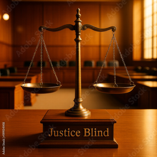 Scales labeled justice blind representing illusion of neutrality biased judgment and structural imbalance within political legal systems