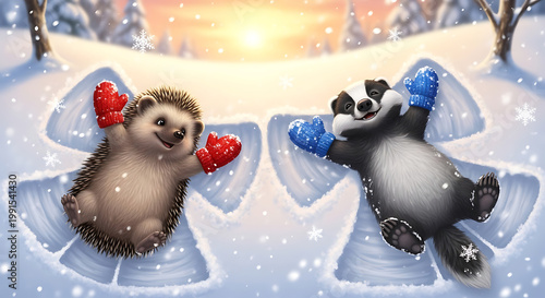 Smiling hedgehog and panda in snow with heart-shaped gloves winter
