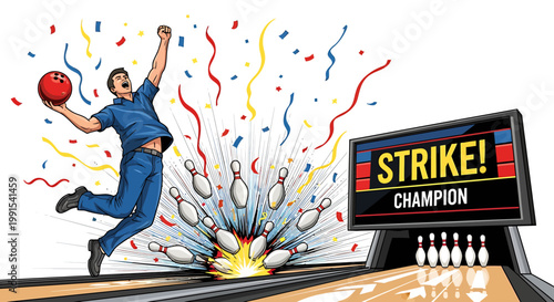 Excited bowler celebrates a strike with a bowling ball in hand.