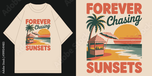 retro forever chasing sunsets beach tropical palm tree and juice hut landscape illustration on cream oversized apparel t shirt design vector illustration artwork