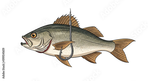 Fish with hook in mouth swimming.