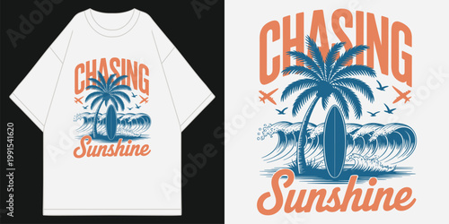 retro chasing sunshine surfing ocean waves palm tree and surfboard beach scene illustration on white oversized apparel t shirt design vector illustration artwork