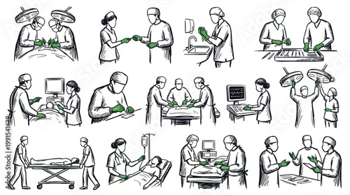 A collection of hand-drawn illustrations depicting various surgical procedures and medical scenarios in a hospital setting.