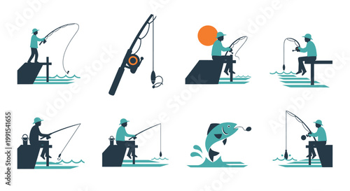 Fisherman Casting Rods and Catching Fish Icons Set.