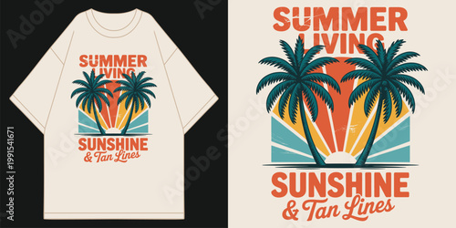 vintage summer living sunshine and tan lines tropical palm tree sunset landscape illustration on cream oversized apparel t shirt design vector illustration artwork
