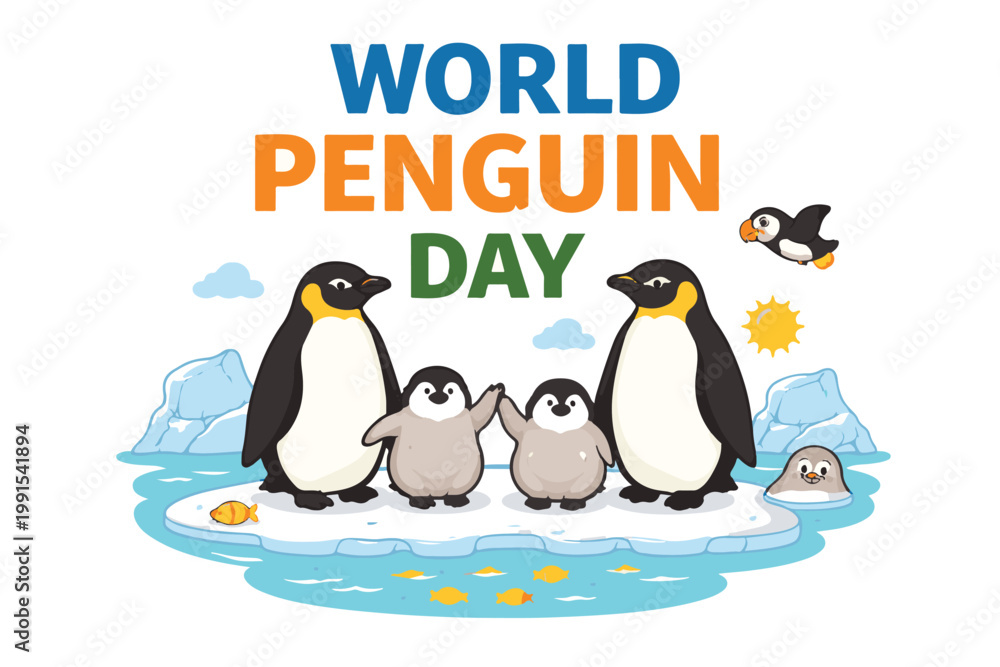 Obraz premium World Penguin Day Celebration Illustration with Cute Penguin Family on Iceberg