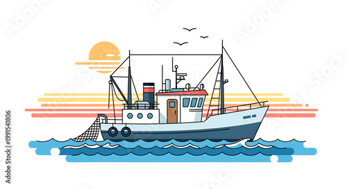 Fishing Boat on the Water Surface.