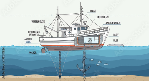 Fishing boat with labeled parts diagram.