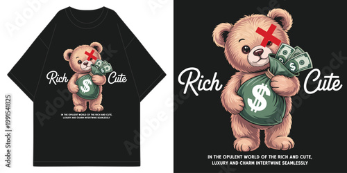 urban streetwear rich and cute teddy bear holding a green money bag illustration with luxury typography on black oversized apparel t shirt design vector illustration artwork