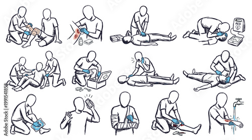 Illustrations depicting various first aid procedures and emergency medical care techniques for different injuries and situations.
