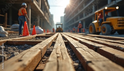 Construction site with wooden planks on ground. Workers in safety vests and hard hats oversee heavy machinery and building structures. Sun shines brightly, creating urban development scene.