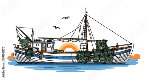 Fishing Boat on the Water Surface.