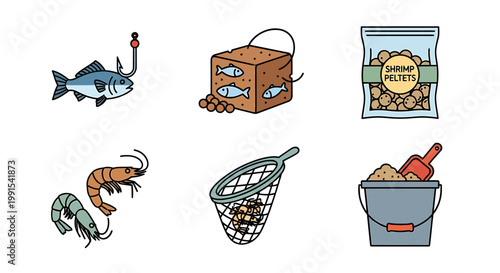 Fishing Equipment - Fish, Bait, Shrimp, Net, Bucket, and Pellets.