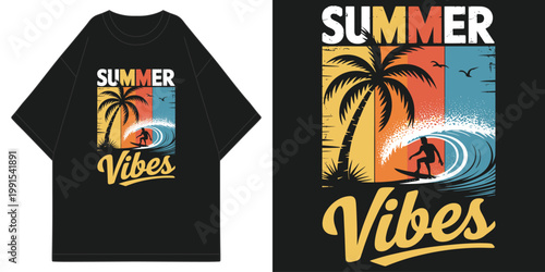 summer vibes vintage surfing t-shirt design with retro palm tree sunset and ocean wave surfer silhouette graphic california beach aesthetic t shirt design vector illustration artwork
