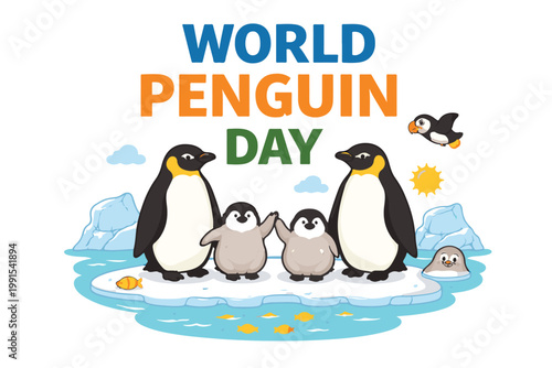 World Penguin Day Celebration Illustration with Cute Penguin Family on Iceberg