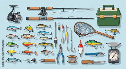 Fishing Gear Collection Assortment of Tools and Equipment.
