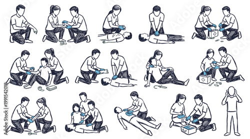 Illustrations depicting CPR and first aid procedures for adults and children, including chest compressions, rescue breaths, and AED usage.