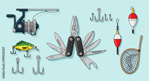 Fishing gear collection with fishing rod reel lure hooks and net.