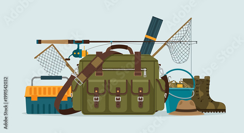 Fishing Gear Collection - Tackle Box, Rods, Bag, Net, and Boots.