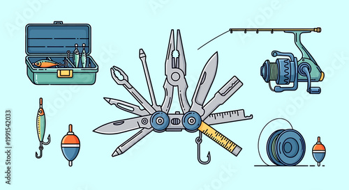 Fishing Gear Collection - Tackle Box, Tools, and Accessories Illustration.