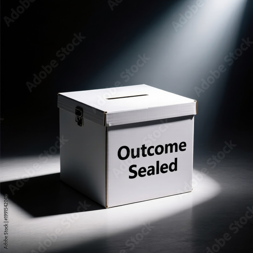 Ballot box labeled outcome sealed representing predetermined results restricted democracy and controlled electoral processes within political systems