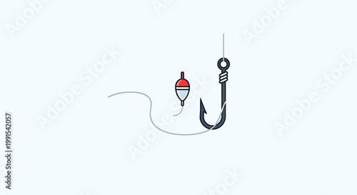 Fishing hook and bobber on white background.