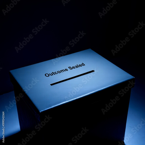 Closed ballot box labeled outcome sealed representing sealed decisions limited transparency and controlled electoral outcomes within political systems