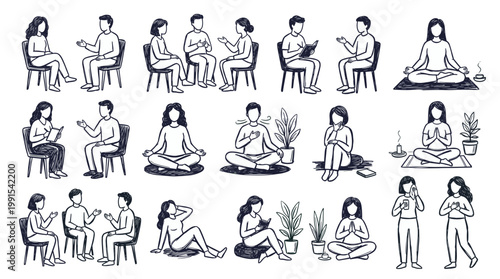 A collection of hand-drawn illustrations depicting people in various contemplative and interactive poses, including meditation, reading, and conversation.