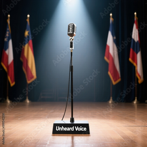 Microphone labeled unheard voice representing suppressed expression limited representation and marginalization within political communication systems