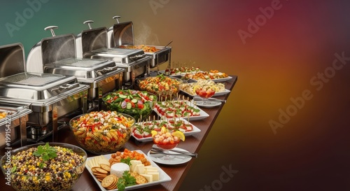 Lavish buffet spread featuring shiny stainless steel chafing dishes with hot food, colorful salads in glass bowls, and diverse appetizers, gastronomy, fresh, hot