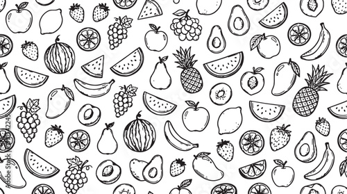 Fruit and berry background, abstract food seamless pattern. Fresh fruits wallpaper with apple, banana, strawberry, watermelon, line icons. Vegetarian grocery vector illustration, green white color
