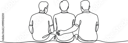 Three men sitting together with one arm around another in a minimalist line drawing friends friendship