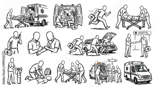Collection of hand-drawn illustrations depicting emergency medical services, including ambulances, paramedics, patient care, and medical procedures.
