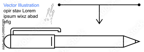 Education, design resources, technical diagrams, creativity, writing tools, and learning aids. Diagram of a ballpoint pen with arrows, lines and text. Education and design resources concept