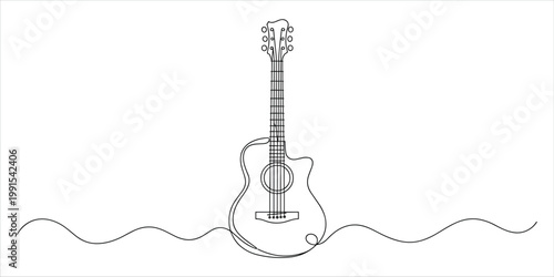 Acoustic guitar with wavy lines below continuous line drawing Keywords: acoustic guitar, musical instrument, music, string instrument, sound