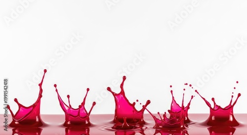 Multiple deep crimson fluid spots resting on a clean studio backdrop, highlighting intricate details of splatter patterns and wet texture, contrast, biology, high