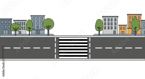 City street with a crosswalk and buildings on both sides, representing urban infrastructure and pedestrian safety