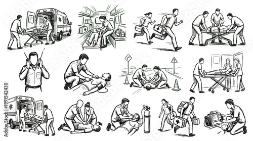A collection of illustrations depicting emergency medical services, including ambulance transport, CPR, and first aid procedures.