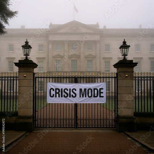 Government gate labeled crisis mode representing emergency governance restricted access and heightened control within political systems