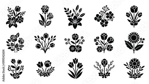 Black silhouette floral bouquet collection featuring various flower arrangements and botanical branches for decorative greeting card design.