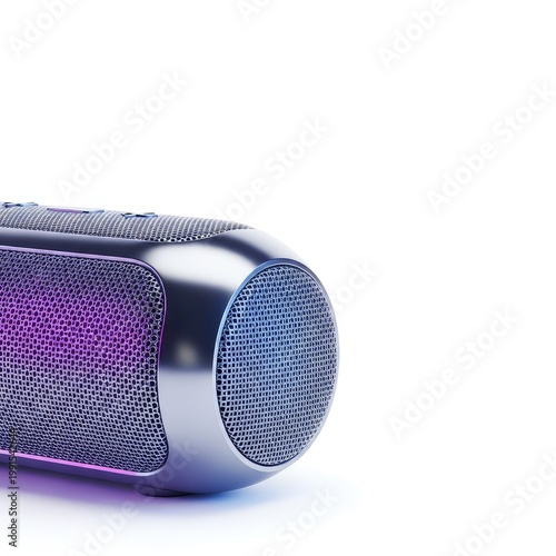 Sleek portable wireless speaker with a metallic finish and mesh grill texture stands isolated on a clean white backdrop for product design, smart, electronic, audio