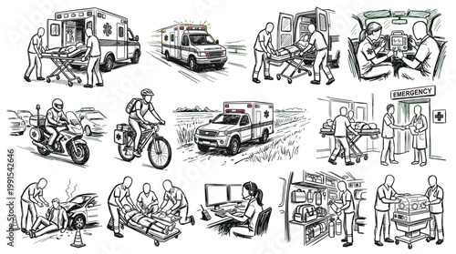 A collection of hand-drawn illustrations depicting various aspects of emergency medical services and patient care.