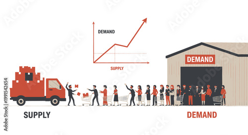 Supply Chain Dynamics Visualizing the Disconnect Between Demand and Supply with a Growing Demand Graph and a Truck Delivering Goods to a Queue of People