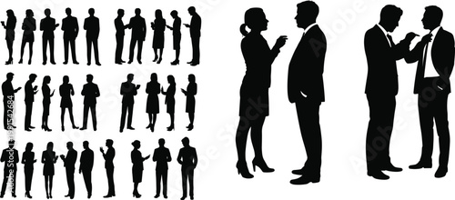 Business people silhouettes communication set, corporate professionals talking and interacting, office workers discussion and teamwork concept isolated on white background