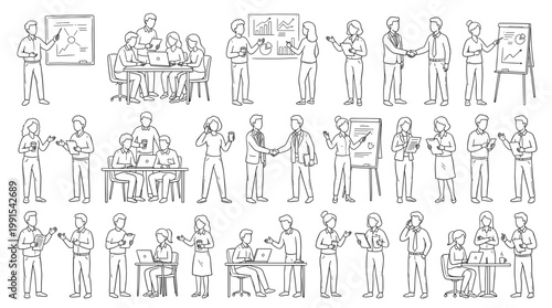 A collection of hand-drawn illustrations depicting various business-related scenarios and interactions among people in an office or professional setting.
