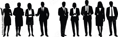 Business people silhouettes group corporate men women standing professionals isolated black figures office team vector illustration collection concept