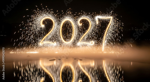 Sparkling 2027 new year's eve celebration with glowing numbers in water reflection