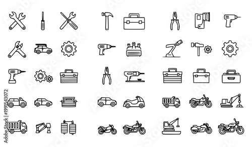 Mechanical Tools and Vehicles Icons Vertical Layout Industrial Vector Set