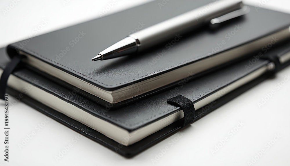 Naklejka premium Black leather notebooks stacked with silver pen on white surface. Tools for writing notes, planning tasks, and journaling. Minimalist desktop setup for work or study.